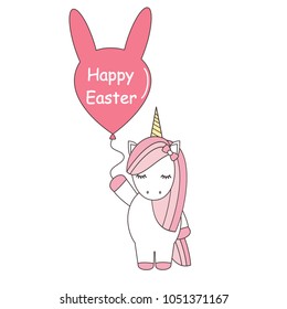 cute cartoon vector unicorn with balloon with happy easter text