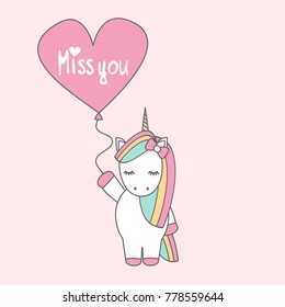 cute cartoon vector unicorn with balloon with hand drawn lettering miss you text