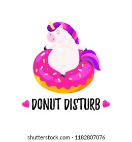 Cute cartoon vector unicorn with donut. Template for postcard, design for T-shirt