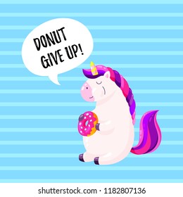 Cute cartoon vector unicorn with donut. Template for postcard, design for T-shirt