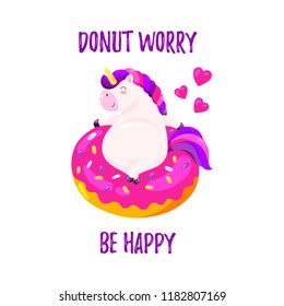 Cute cartoon vector unicorn with donut. Template for postcard, design for T-shirt