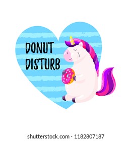 Cute cartoon vector unicorn with donut. Template for postcard, design for T-shirt