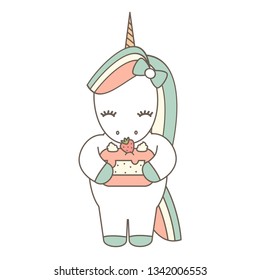 cute cartoon vector unicorn with strawberry cake lovely illustration isolated on white background