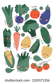 Cute cartoon vector vegetables - beets, carrots, broccoli, corn, potatoes, green peas, zucchini, tomatoes, pumpkin, radishes, garlic, peppers, fennel, champignons, spinach, artichokes