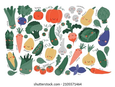 Cute cartoon vector vegetables - beets, carrots, broccoli, corn, potatoes, green peas, zucchini, tomatoes, pumpkin, radishes, garlic, peppers, fennel, champignons, spinach, artichokes