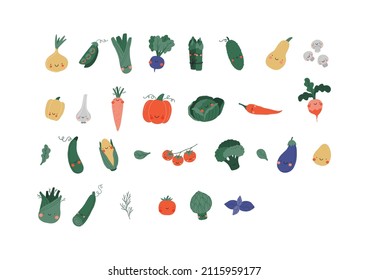 Cute cartoon vector vegetables - beets, carrots, broccoli, corn, potatoes, green peas, zucchini, tomatoes, pumpkin, radishes, garlic, peppers, fennel, champignons, spinach, artichokes