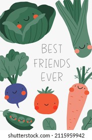 Cute cartoon vector vegetables - beets, carrots, broccoli, green peas, zucchini, tomatoes, radishes, cabbage, celery