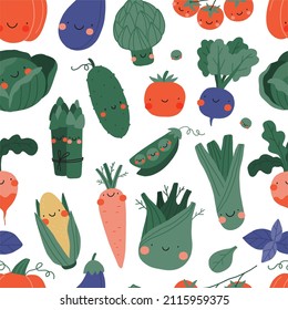 Cute cartoon vector vegetables seamless pattern - beets, carrots, broccoli, corn, potatoes, green peas, zucchini, tomatoes, pumpkin, radishes, garlic, peppers, fennel, champignons, spinach, artichokes