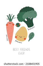 Cute cartoon vector vegetables. Summer print in flat style. Vector print with potatoes, carrots, spinach, broccoli for creating posters, invitations, cards and wall decor 