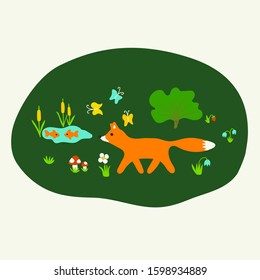 Cute cartoon vector walking fox and the lake with fishes in the forest on the green background