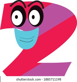 cute cartoon vector wearing mask in number two for kids on white background