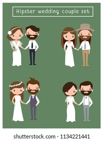 cute cartoon vector of wedding hipster couple set