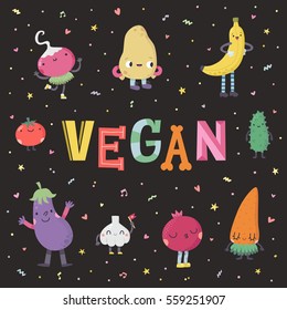 Cute cartoon cute vegan illustration with fruits and vegetables. Funny characters in nice colors.