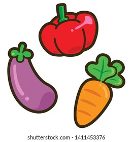 Cute Cartoon vegetable, bell pepper, eggplant, carrot.