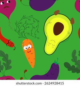 Cute Cartoon Vegetable Characters Seamless Pattern