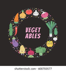 Cute cartoon vegetable circle frame. Funny characters in nice colors with confetti.