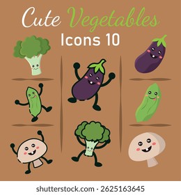 Cute cartoon vegetable icons with happy faces Vector illustration