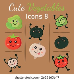 Cute cartoon vegetable icons with happy faces Vector illustration