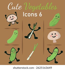 Cute cartoon vegetable icons with happy faces Vector illustration