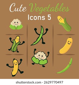 Cute cartoon vegetable icons with happy faces Vector illustration