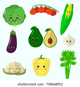 Cute cartoon vegetable smiles characters set. Flat design, vector illustration.