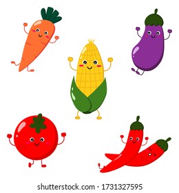 Cuta caricatura de vegetales vectores de berenjena morada, zanahoria, maíz, pimiento de guinea, tomates.