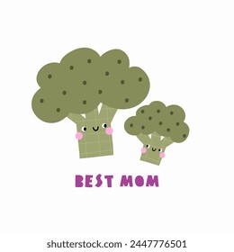 Cute cartoon vegetables characters. Eco veggies, healthy vitamin food. Organic natural eating, nutrition. Vector illustration in flat style. Mom and baby 