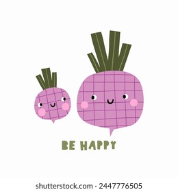 Personajes lindos de verduras de dibujos animados. Verduras ecológicas, alimentos vitamínicos saludables. Alimentación orgánica natural, nutrición. Ilustración vectorial en estilo plano. Mamá y bebé remolacha