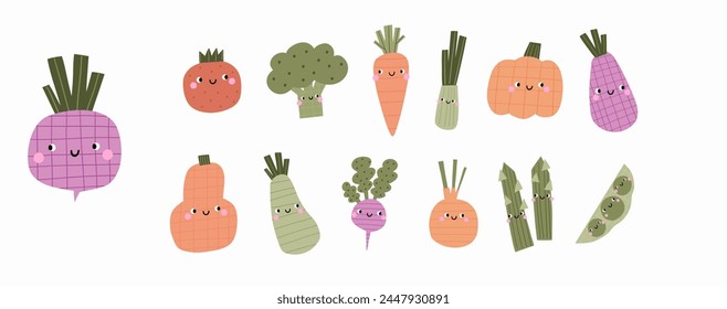 Cute cartoon vegetables characters. Eco veggies, healthy vitamin food. Organic natural eating, nutrition. Vector illustration in flat style. 