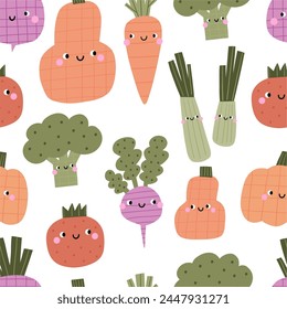 Cute cartoon vegetables characters. Eco veggies, healthy vitamin food. Organic natural eating, nutrition. Vector seamless pattern in flat style. 