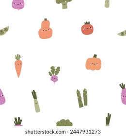 Cute cartoon vegetables characters. Eco veggies, healthy vitamin food. Organic natural eating, nutrition. Vector seamless pattern in flat style. 