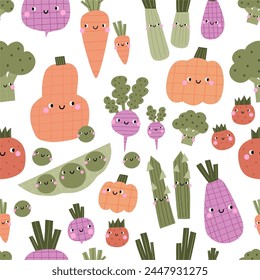 Personajes lindos de verduras de dibujos animados. Verduras ecológicas, alimentos vitamínicos saludables. Alimentación orgánica natural, nutrición. Patrón sin costuras de Vector en estilo plano. 