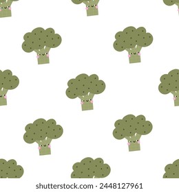 Cute cartoon vegetables characters. Eco veggies, healthy vitamin food. Organic natural eating, nutrition. Vector illustration in flat style. seamless pattern with broccoli