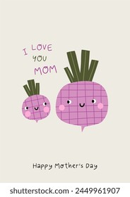 Cute cartoon vegetables characters. Eco veggies, healthy vitamin food. Organic natural eating, nutrition. Vector illustration in flat style. Mom and baby beet	