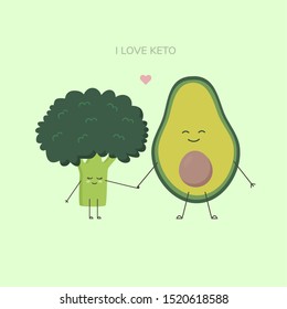 Cute cartoon Vegetables couple holding hands. Funny Vector illustration. Health and Love theme.