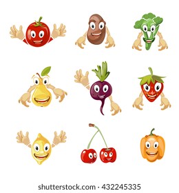 Cute cartoon vegetables and fruit vector collection in comic style. Fruit comic characters and vegetable cartoon, sweet fruit and vegetable with face illustration