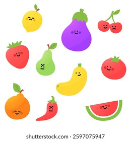 Cute cartoon vegetables and fruits. apple, raspberry, strawberry, watermelon, peach, orange, pear, cherry and lemon. Cartoon fruit character set.