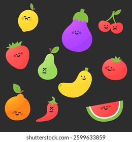 Cute cartoon vegetables and fruits. apple, raspberry, strawberry, watermelon, peach, orange, pear, cherry and lemon. Cartoon fruit character set.