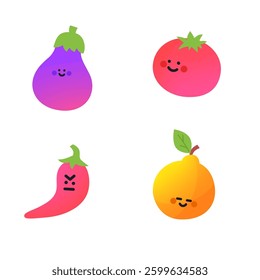 Cute cartoon vegetables and fruits. apple, raspberry, strawberry, watermelon, peach, orange, pear, cherry and lemon. Cartoon fruit character set.