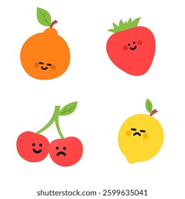 Cute cartoon vegetables and fruits.strawberry, orange, cherry and lemon. Cartoon fruit character set.
