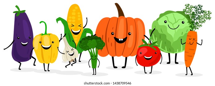 Cute cartoon vegetables isolated on white backgroung. Harvest season illustration. Vegetable pumpkin and tomato, carrot and cabbage