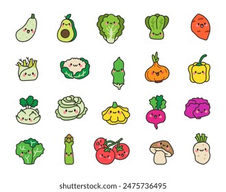 Lindas verduras de dibujos animados. Carácter kawaii. Estilo dibujado a mano. Dibujo de Vector. Colección de Elementos de diseño.