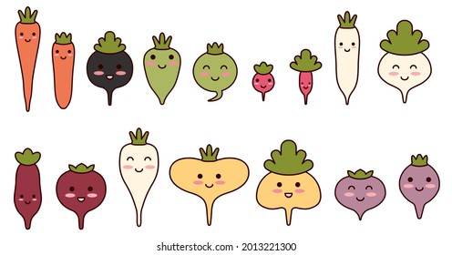 Cute cartoon vegetables. Kawaii root vegetables smile at baby. Beetroot, turnip, radish, rutabaga, daikon for stickers. Flat outline illustration with sugar beet, margelan radish. Vector food clipart.