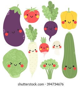 cute cartoon vegetables set. Illustration of cute eggplant, tomato, broccoli, daikon radish, carrot, radish, zucchini, mushroom and beet with funny faces on white background.