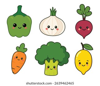 Cute Cartoon Vegetables Set Kawaii Eggplant Tomato Chili Potato Pumpkin amp Peas Vector
