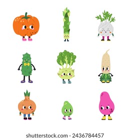 Cute cartoon vegetables set, part 4. Pumpkin, asparagus, fennel, cucumber, kohlrabi, horseradish, onion, ulluco.