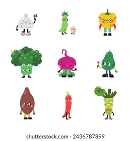 Cute cartoon vegetables set, part 3. Garlic, beans, pepper, paprika, broccoli, beetroot, avocado, yams, chili pepper, wasabi.