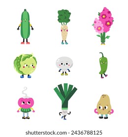 Conjunto de verduras de dibujos animados lindo, parte 1. Calabacín, rábano picante, quinua, iceberg, lechuga, champiñón, jalapeño, rábano, puerro, papa.