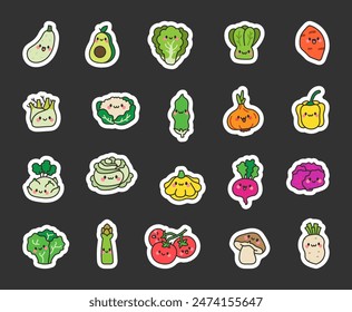 Cute cartoon vegetables. Sticker Bookmark. Kawaii character. Hand drawn style. Vector drawing. Collection of design elements.