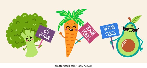 Cute cartoon vegetables vector icons set. Carrots, avocado and broccoli with banners. The fruits promote proper plant nutrition. Illustration for World Vegetarian Day. 